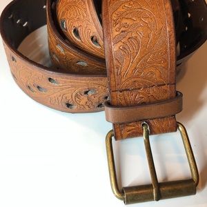 Brown leather belt brass buckle